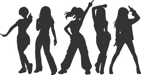 Set silhouette illustrations of kpop idols singing and dancing on stage. Flat vector kpop music star. Modern group dancers with various different styles, poses and choreography. Korean pop cultures.