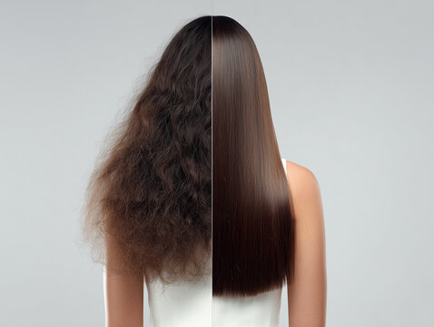 髪の広がりとストレートヘアの違いを示す後ろ姿の比較画像 縮毛矯正のイメージ