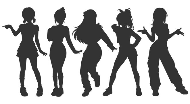 Set silhouette illustrations of kpop idols singing and dancing on stage. Flat vector kpop music star. Modern group dancers with various different styles, poses and choreography. Korean pop cultures.