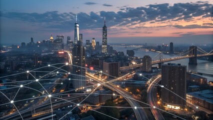 Fototapeta premium Night Cityscape Aerial View Showing Network Connections.