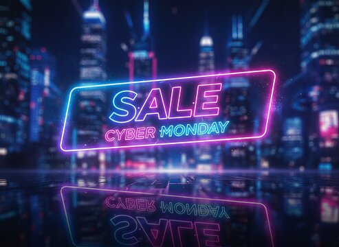 Neon Cyber Monday sale banner in futuristic cityscape at night