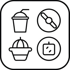 Four black line art icons of a drink cup a compass a juicer and a cube on white icon set black and white