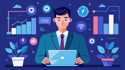 Businessman working on laptop with data and technology icons