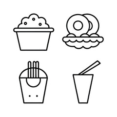 Line art icons of fast food items cupcake french fries drink and donuts dessert sweet