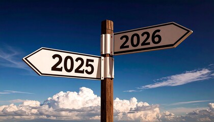 Road Sign with Years 2025 and 2026 Under a Blue Sky. AI Generated Illustration