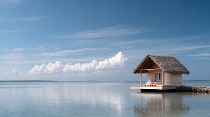 Obraz premium Tranquil, serene, small rustic wooden hut on stilts over calm blue water. This idyllic overwater bungalow under vast sky creates peaceful vacation scene in tropical paradise