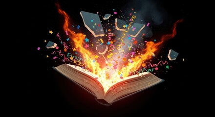 An open book with fire, confetti, and smoke coming out of it on a black background