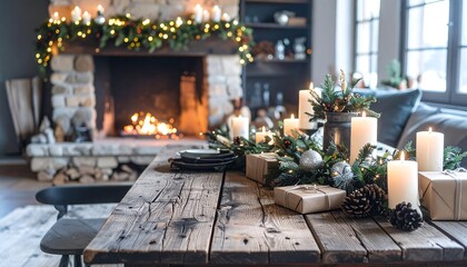 Cozy Christmas Decor With Candles, Fireplace, and Festive Tree. Tabletop mockup. AI Generative Illustration