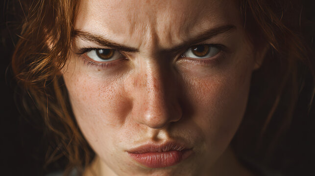 Close-up portrait of an angry young woman with red hair, looking directly at the camera with a stern expression