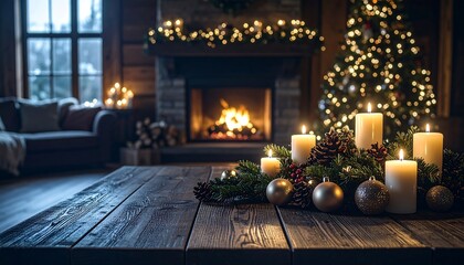 Cozy Christmas Decor With Candles, Fireplace, and Festive Tree. Tabletop mockup. AI Generated Illustration