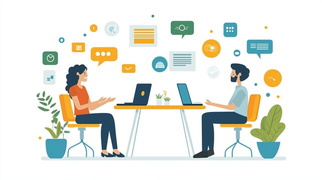 Business meeting office scene vector illustration, two people discussing work at desk with laptop, flat line colorful cartoon style with UI design elements