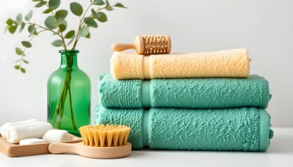 stacked towels, spa brush, and green vase with leaves, minimal decor