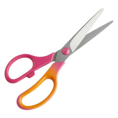 A pair of sharp metal scissors with bright pink and orange ergonomic handles isolated on transparent background