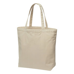 A plain unbleached canvas tote bag with two sturdy handles standing upright isolated on transparent background