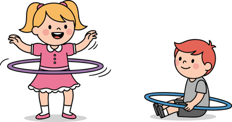 Happy kids playing hula hoop, girl and boy cartoon, children activity, fun game, exercise, healthy lifestyle, cute illustration vector