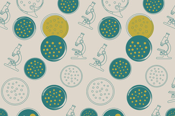 A seamless pattern featuring microscopes and petri dishes with various colored bacterial colonies