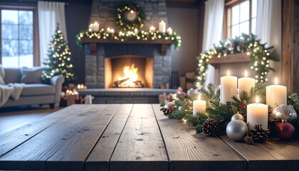 Cozy Living Room Decorated for Christmas With Fireplace and Candlelit Centerpiece. Tabletop mockup. AI Generative Illustration