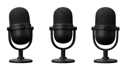 Podcasting Power: Three sleek, black microphones are arranged against a clean backdrop, embodying the essence of audio recording and creative expression.