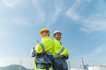 Professional construction workers stand confidently against clear blue sky, wearing bright safety gear and helmets. Their expressions convey determination and teamwork in construction environment