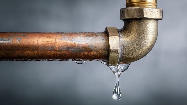 A close-up of a copper pipe with a brass fitting, showing a small drip of water. The background is blurred, emphasizing the plumbing detail.