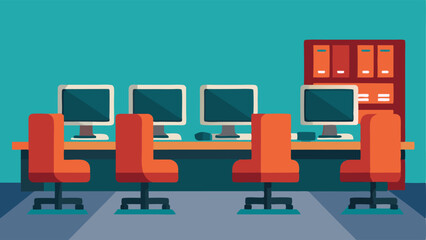 A row of computers and workstations indicating the space can also be used as a community computer lab.