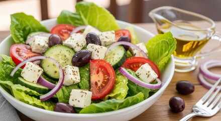 Fresh and vibrant greek salad with feta cheese, tomatoes, cucumbers, olives, and red onion on a rustic wooden table