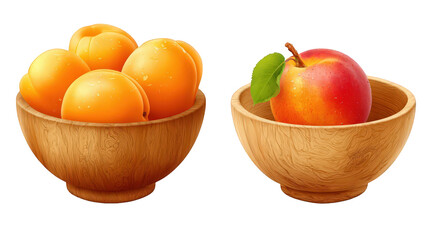 Ripe Apricots and Apple in Wooden Bowls