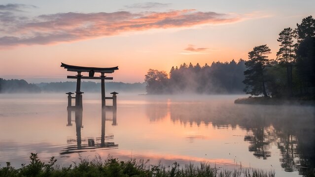 Serene Sunrise Landscape with Torii Gate and Misty Lake.