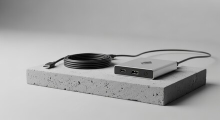 Sleek and modern usb hub with cable on a concrete block against a minimalist gray background for tech enthusiasts