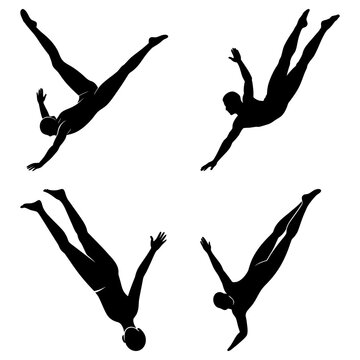 Silhouettes of divers in various poses against a white background showcasing athletic form and movement