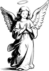 Angel with wings and halo praying peacefully, traditional ink drawing style, on transparent background, concept of holiness and spirituality