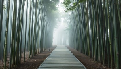 Serene Path Through a Foggy Bamboo Forest