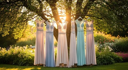 Beautiful bridesmaid dresses hanging from a tree in a sunlit garden, showcasing elegant and flowing gowns for a wedding party