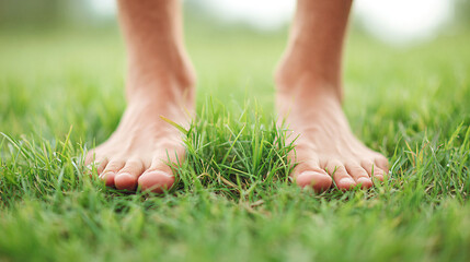 Young man standing barefoot on green grass in open nature