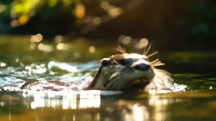 An otter swims headfirst through a forest river, creating ripples under sunlight, as nature provides an idyllic, peaceful setting