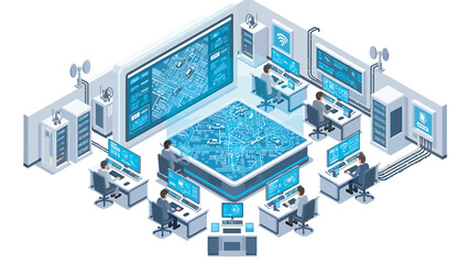 Team of data scientists analyzing complex algorithms and network security in a modern server room with multiple screens showing realtime data streams, creating a sense of innovation and security.
