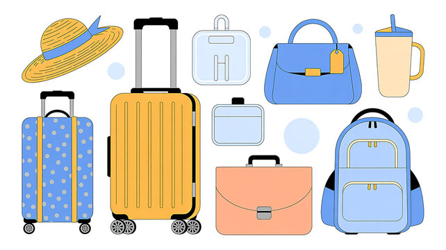 A colorful illustration set of various travel essentials including luggage, handbags, and accessories