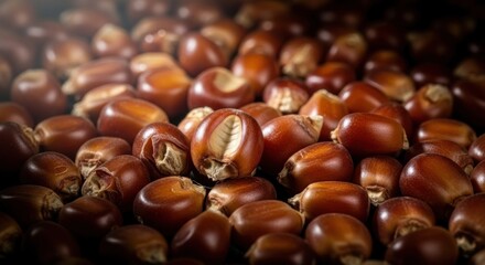 Close up of raw popcorn kernels, a type of corn that expands when heated, used for making a popular snack