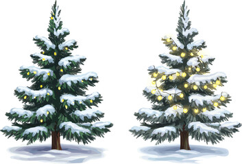 Christmas tree illustrations, snow-covered evergreens, holiday lights, festive decor, winter scene, black and white, seasonal icon, celebration theme, glowing branches