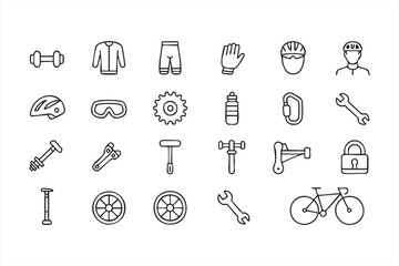 Bicycle and cycling gear line icons set with helmet, jersey and protective gear symbols