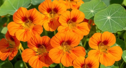 A closeup shot of bright orange nasturtium flowers with green leaves in a garden on a sunny day