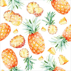 watercolor pineapple fruit seamless pattern, whole and halved hand drawn illustration wallpaper background