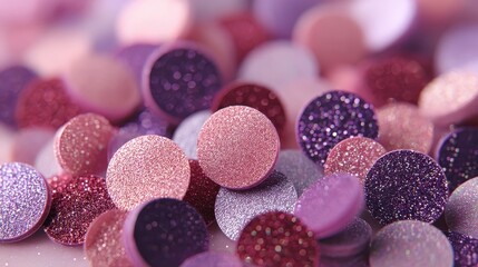 Glittery pink and purple circles create an abstract design with smaller matching orbs scattered among them, adding texture and depth