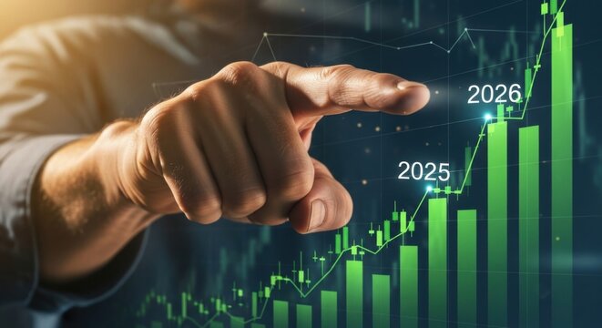 Business Person Hand Pointing at Growing Green Graph Chart with Financial Data and Year Markers