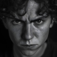 Naklejka premium Intense Close-Up Portrait of a Young Person Expressing Anger and Frustration