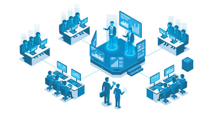 Business team analyzing data on multiple screens in a modern office environment, showcasing collaboration and datadriven decision making.
