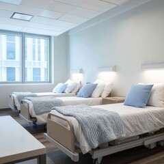 Hospital room with three beds, light blue accents, and large windows