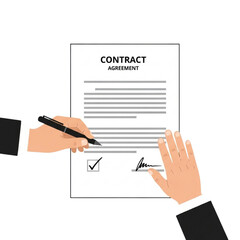 Professional handshake seals deal as two hands sign important contract agreement signifying partnership and successful business transaction with pen and signature