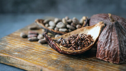Close-up of Cocoa nibs and cocoa bean