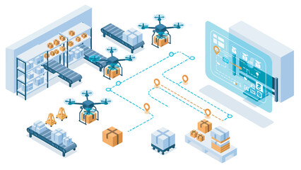 Obraz premium Drones transport packages through automated warehouse with conveyor belts and digital displays, showcasing modern logistics and efficiency.